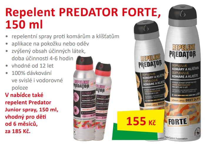 Repelent Predator Forte 150ml. Spray proti komárům a klíštatům. Uvedená cena 155 kč a popisek.